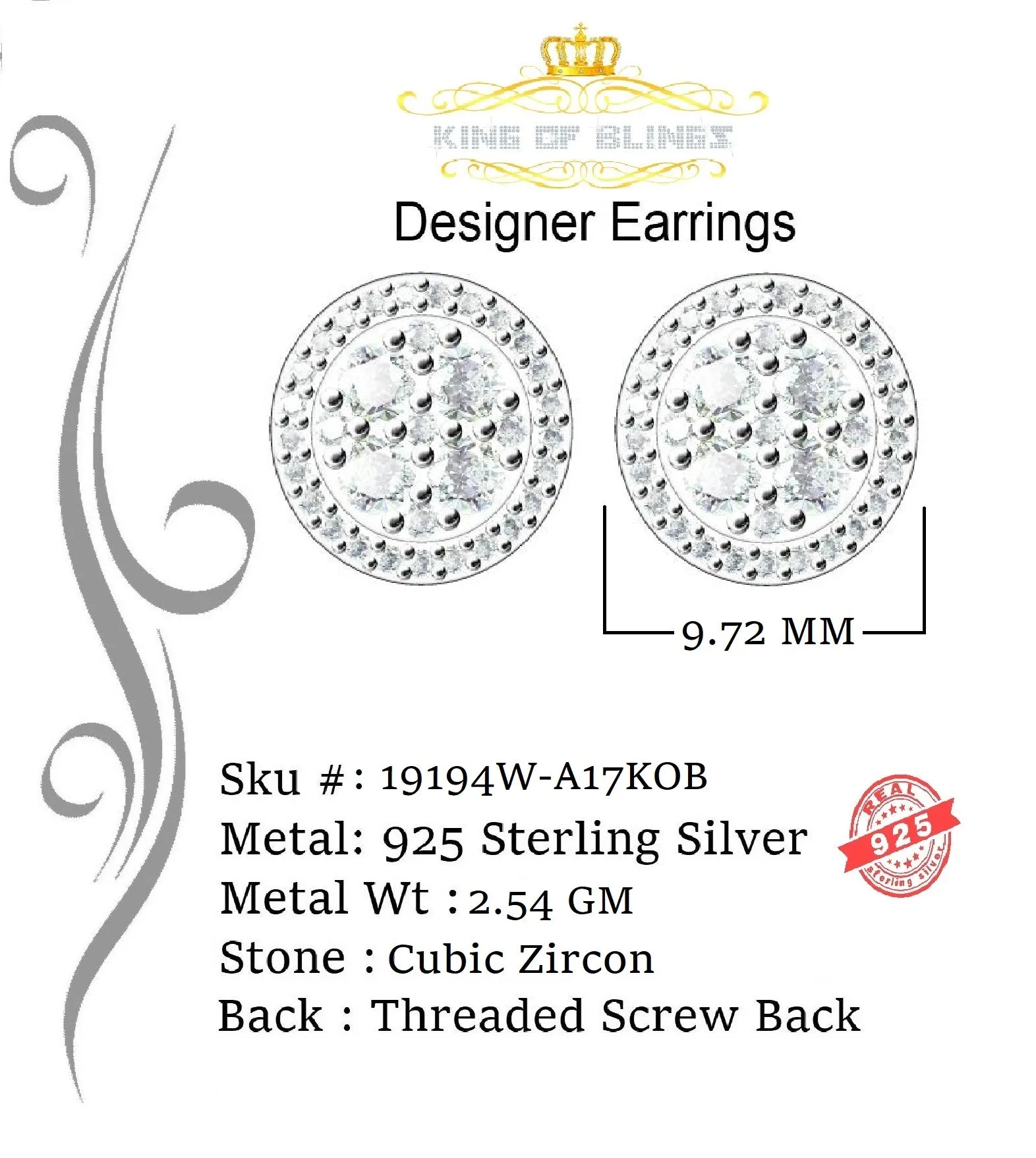 King of Blings- White 925 Sterling Silver 1.77ct Cubic Zirconia Hip Hop Round Earring For Ladies