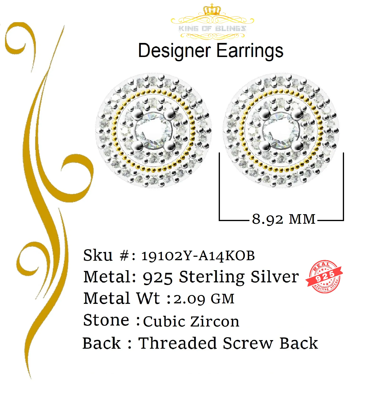 King of Bling's Yellow Silver 925 Aretes Para Hombre 0.92ct Cubic Zirconia Women's Round Earring