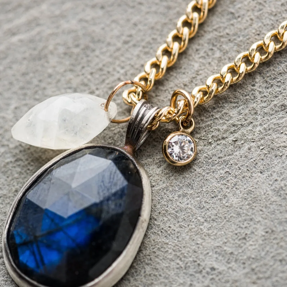 Labradorite Oval Necklace with Moonstone and Cubic Zirconia