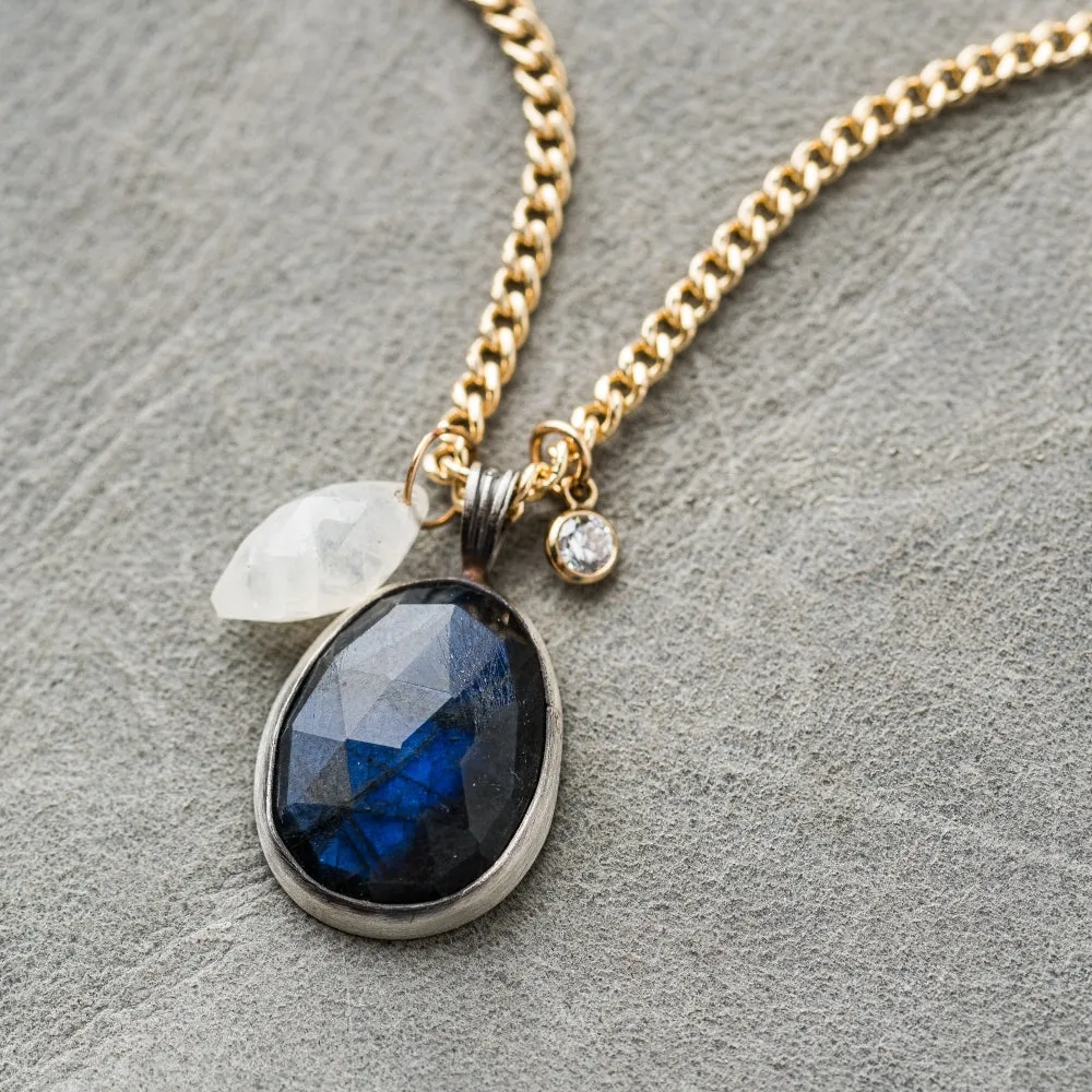 Labradorite Oval Necklace with Moonstone and Cubic Zirconia