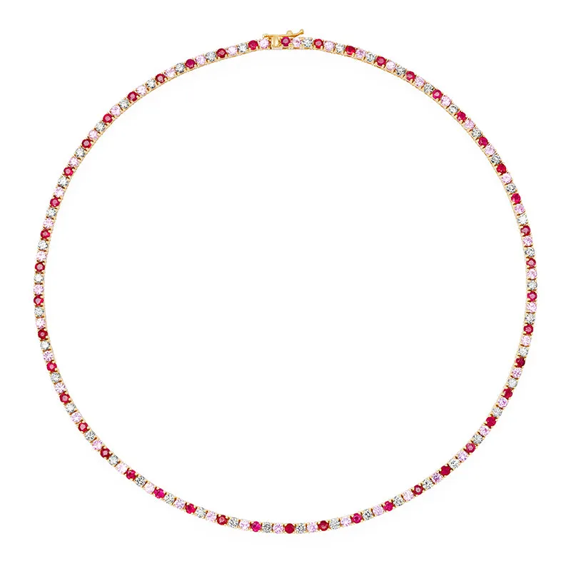 Large 4-Prong Diamond, Pink Sapphire, and Ruby Tennis Necklace