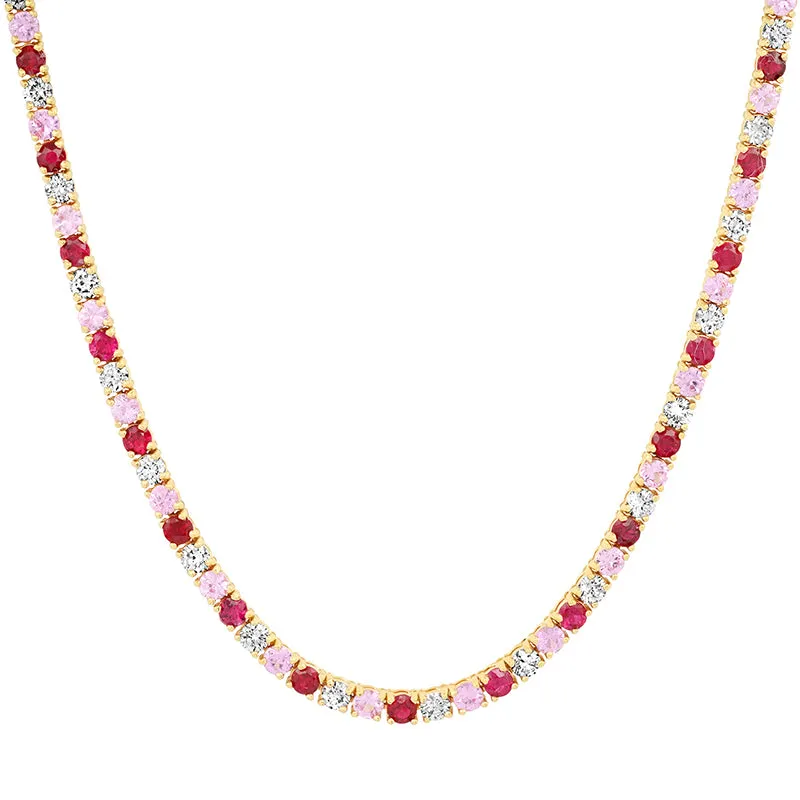 Large 4-Prong Diamond, Pink Sapphire, and Ruby Tennis Necklace