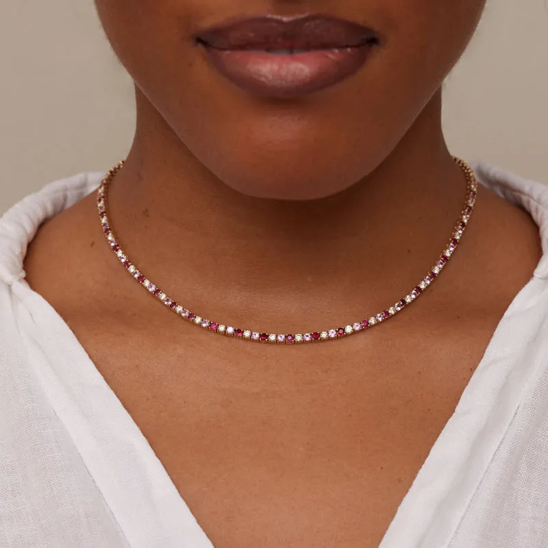 Large 4-Prong Diamond, Pink Sapphire, and Ruby Tennis Necklace