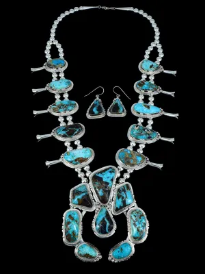 Large Natural Sunnyside Turquoise Navajo Squash Blossom Necklace Set