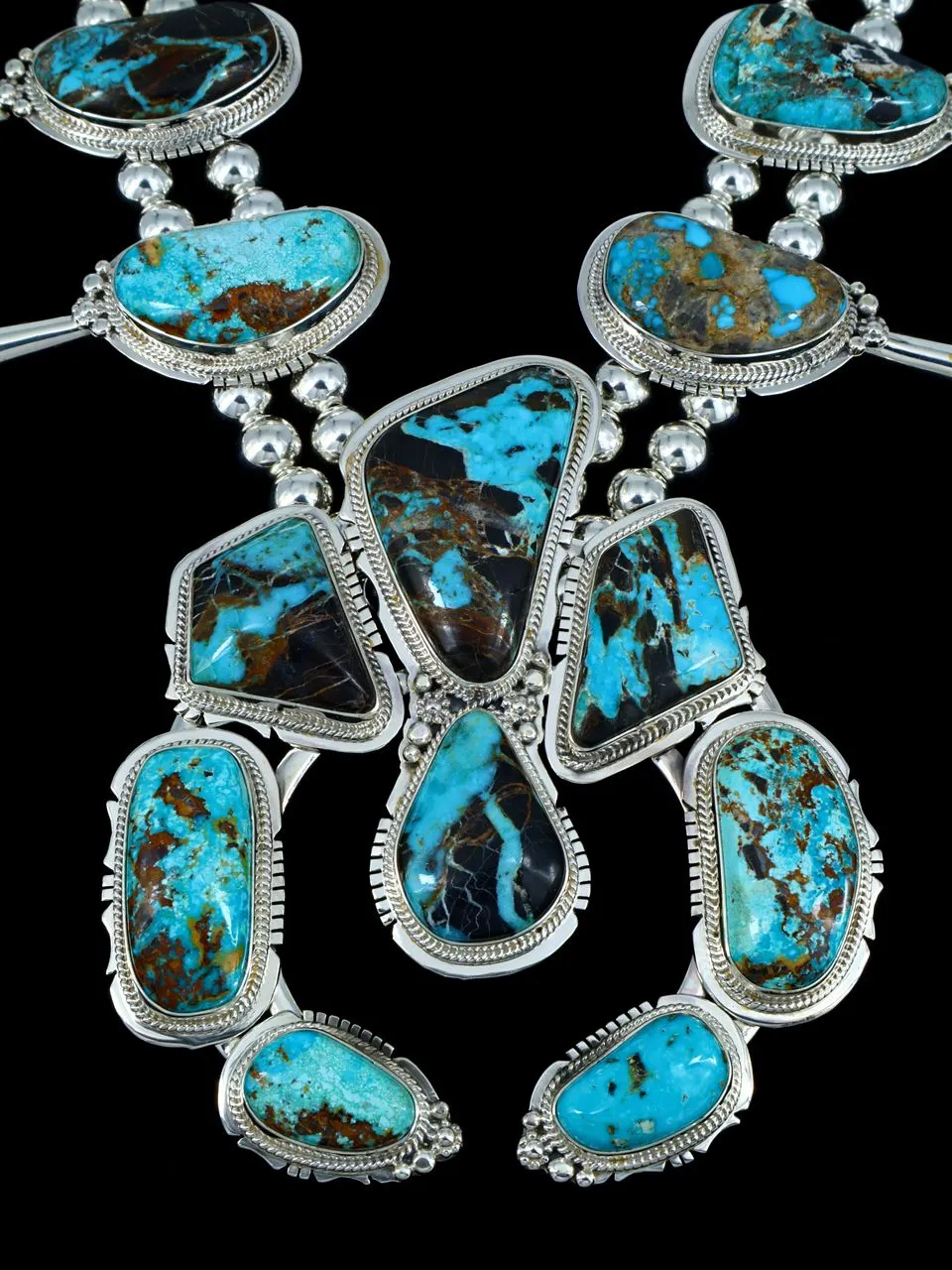 Large Natural Sunnyside Turquoise Navajo Squash Blossom Necklace Set