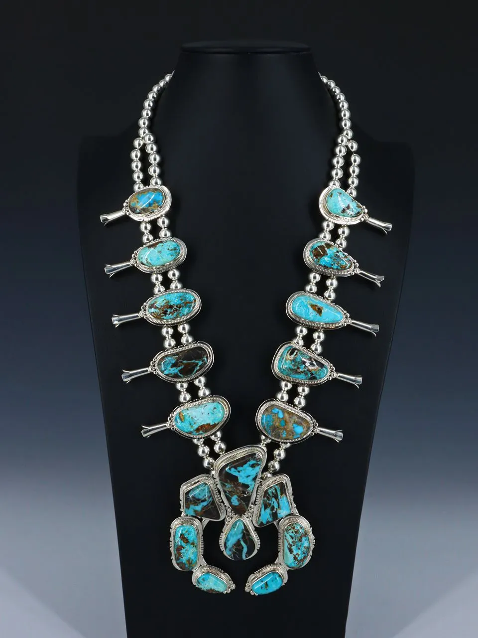 Large Natural Sunnyside Turquoise Navajo Squash Blossom Necklace Set