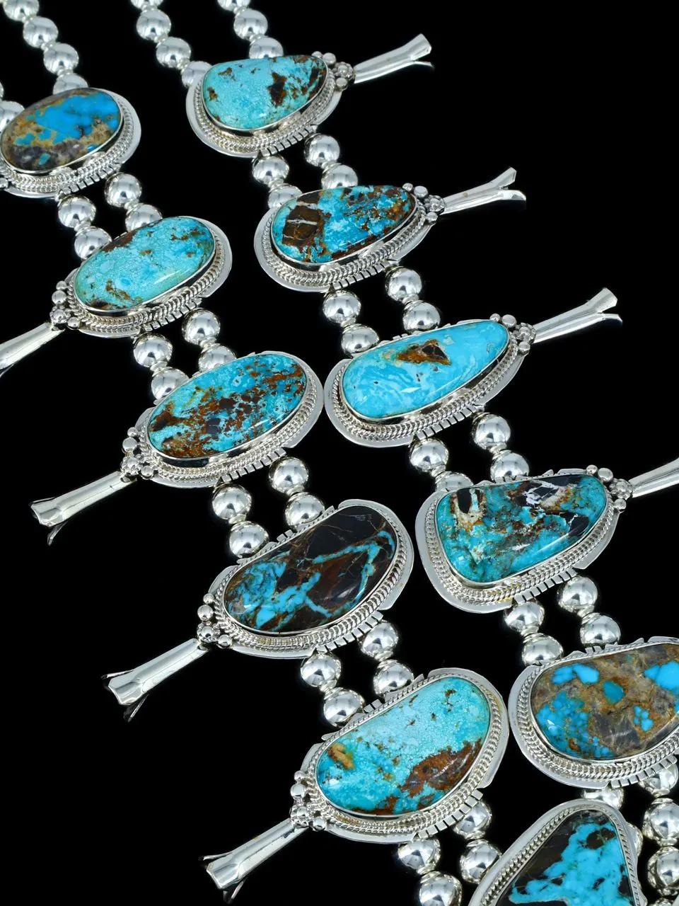 Large Natural Sunnyside Turquoise Navajo Squash Blossom Necklace Set