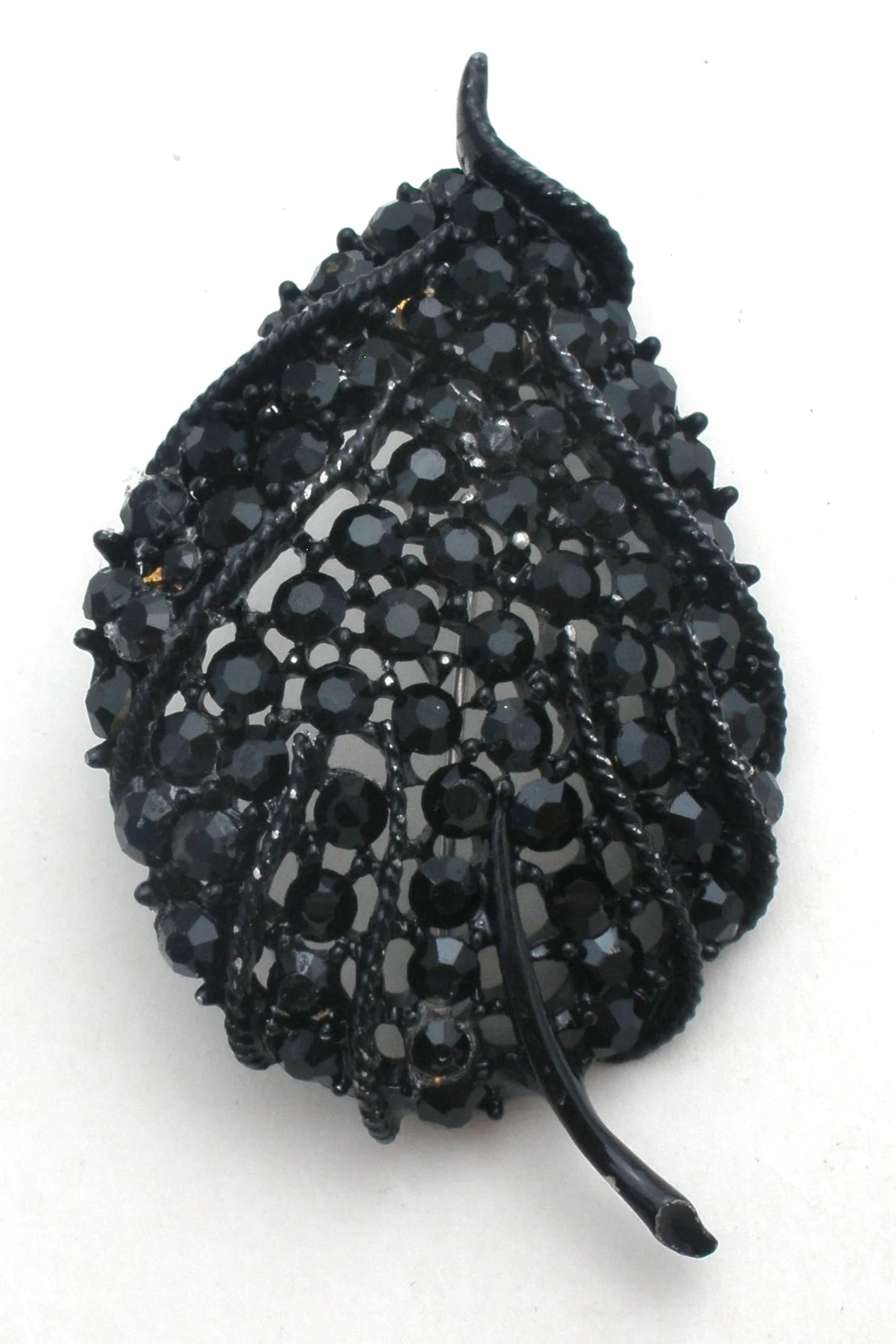 Leaf Brooch Jewelry Set Black Enamel & Rhinestones