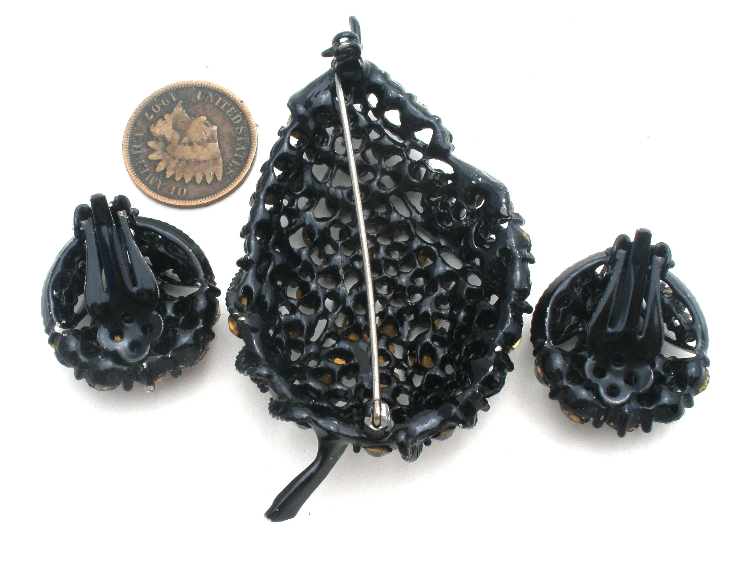 Leaf Brooch Jewelry Set Black Enamel & Rhinestones