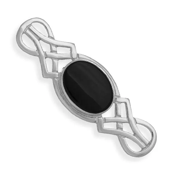 Long Onyx Celtic Knot Work Brooch in Silver