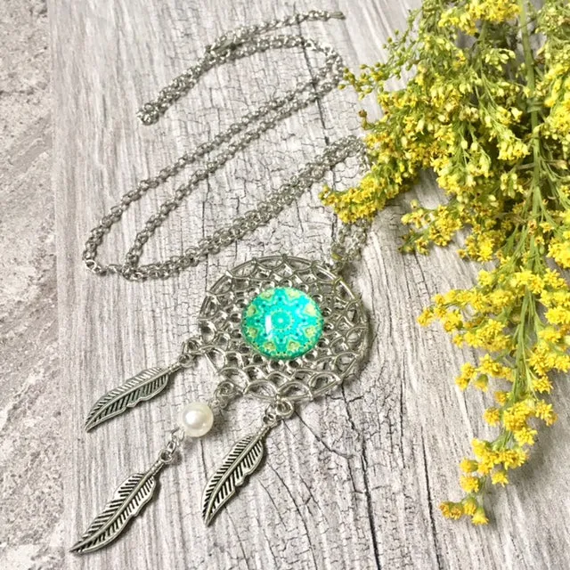 LONG TRIBAL INSPIRED DREAM CATCHER PENDANT LOTUS NECKLACE