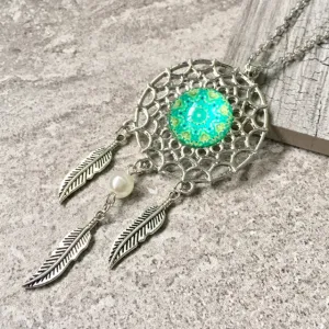 LONG TRIBAL INSPIRED DREAM CATCHER PENDANT LOTUS NECKLACE