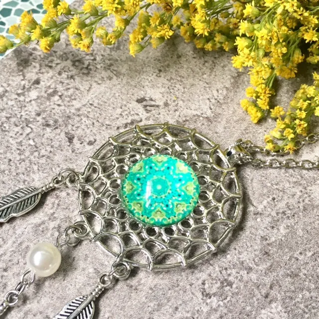 LONG TRIBAL INSPIRED DREAM CATCHER PENDANT LOTUS NECKLACE