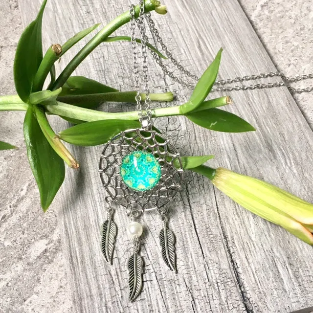 LONG TRIBAL INSPIRED DREAM CATCHER PENDANT LOTUS NECKLACE