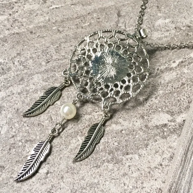 LONG TRIBAL INSPIRED DREAM CATCHER PENDANT LOTUS NECKLACE