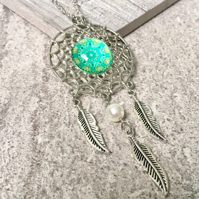 LONG TRIBAL INSPIRED DREAM CATCHER PENDANT LOTUS NECKLACE