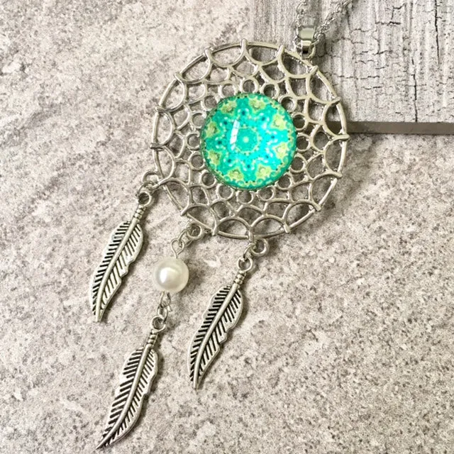 LONG TRIBAL INSPIRED DREAM CATCHER PENDANT LOTUS NECKLACE