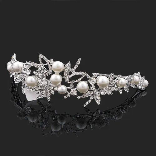 LUX Swarovski Rhinestone and Pearl Flowers Half Length Bridal Tiara