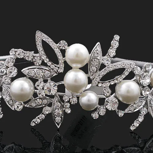 LUX Swarovski Rhinestone and Pearl Flowers Half Length Bridal Tiara