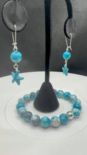 Marbled Jade Blue Stretch Bracelet & Earrings with Turquoise Starfish