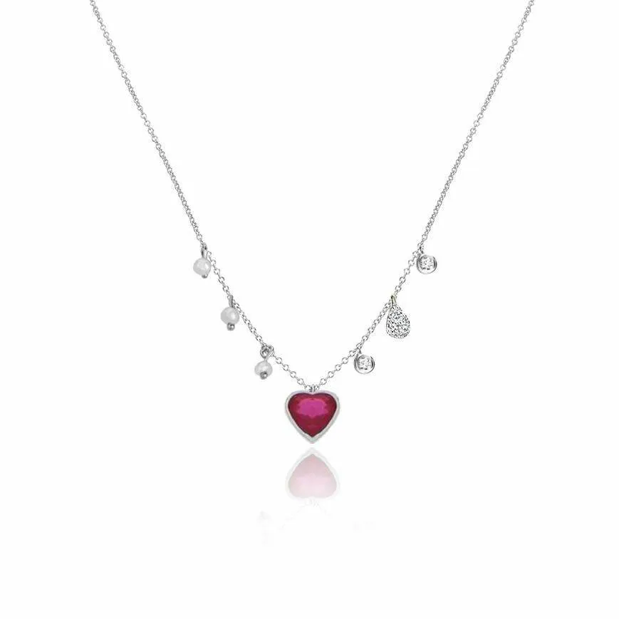 Meira T  Dainty Ruby Heart and Diamond Necklace