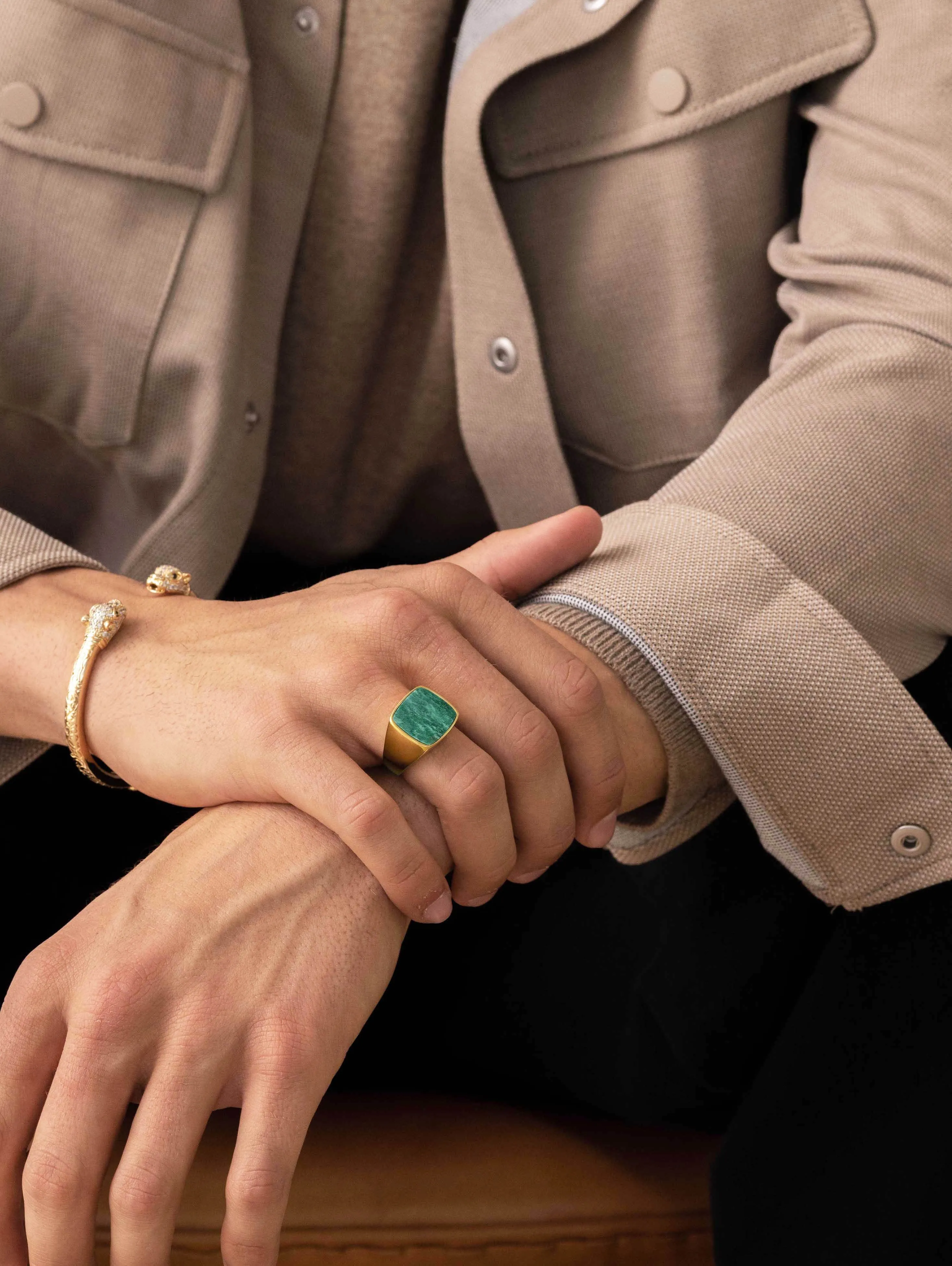 Men's Gold Signet Ring with Green Jade