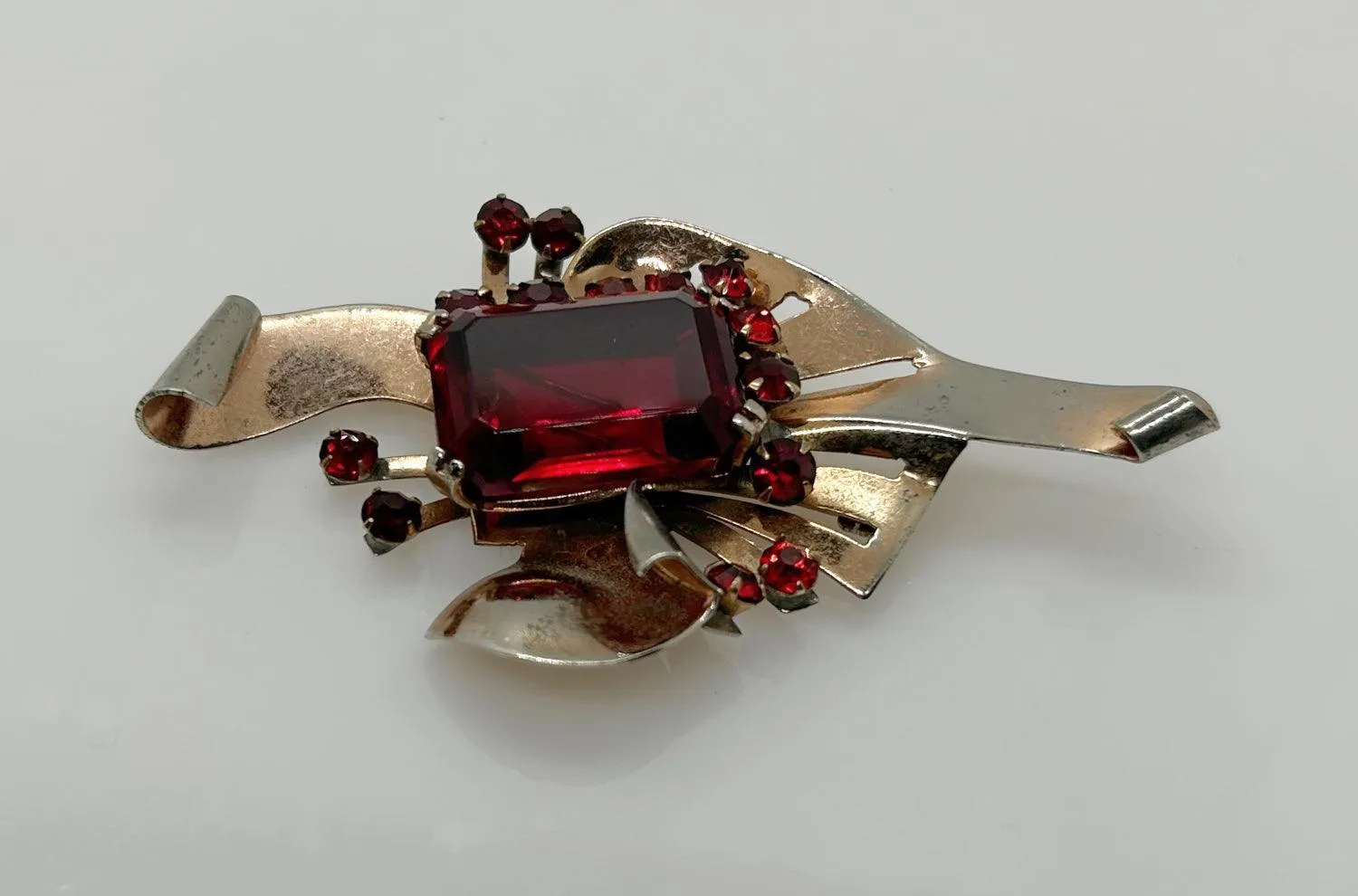 Mid Century Sterling Statement Brooch with Vivid Red Stones