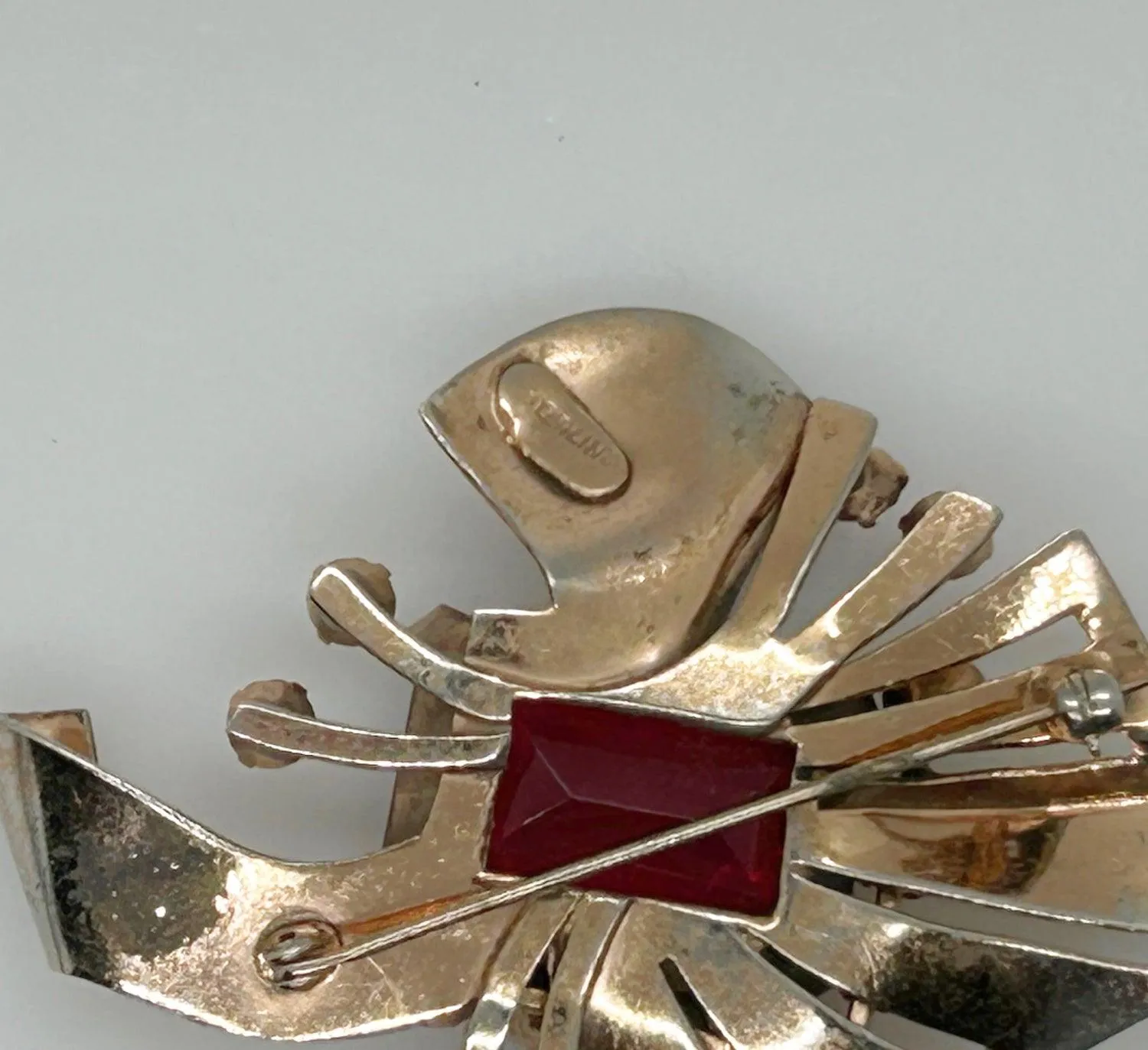 Mid Century Sterling Statement Brooch with Vivid Red Stones