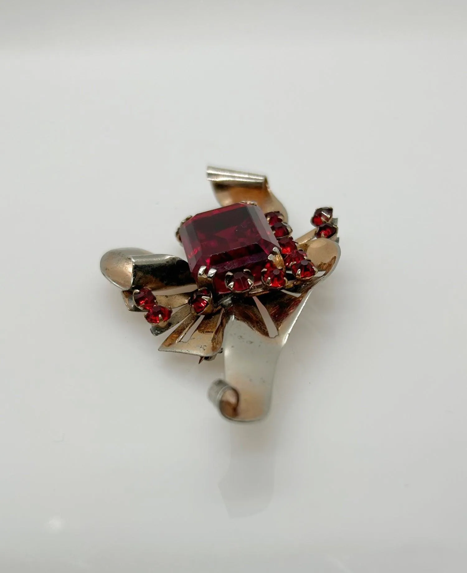 Mid Century Sterling Statement Brooch with Vivid Red Stones