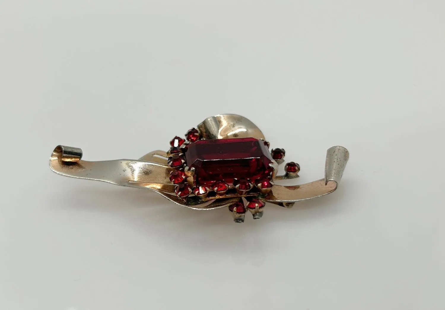 Mid Century Sterling Statement Brooch with Vivid Red Stones