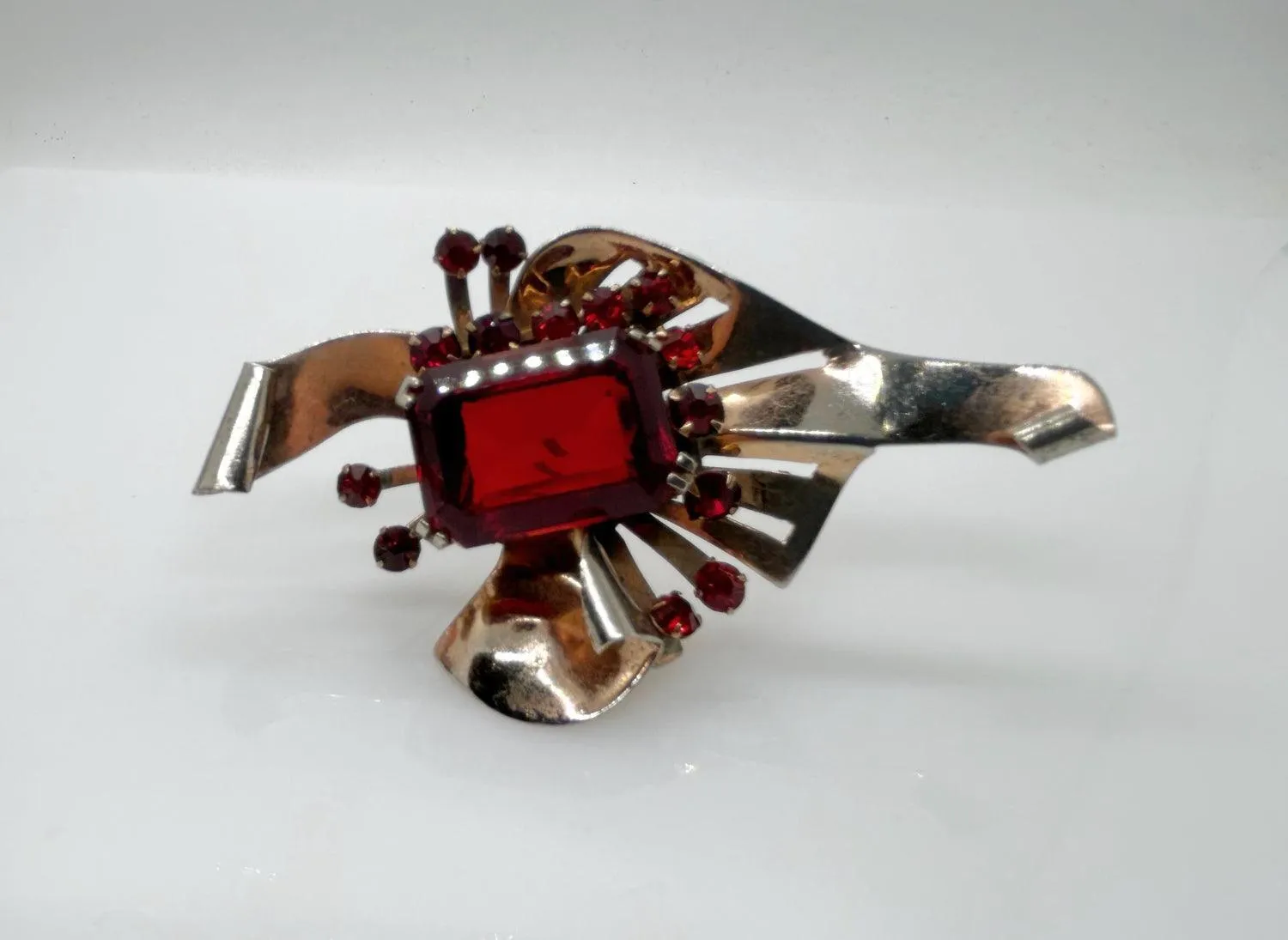 Mid Century Sterling Statement Brooch with Vivid Red Stones