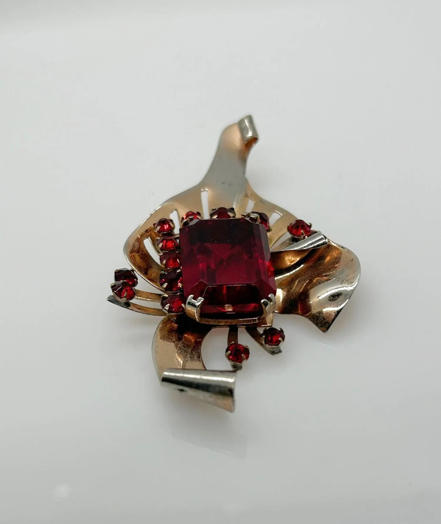 Mid Century Sterling Statement Brooch with Vivid Red Stones