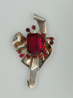 Mid Century Sterling Statement Brooch with Vivid Red Stones