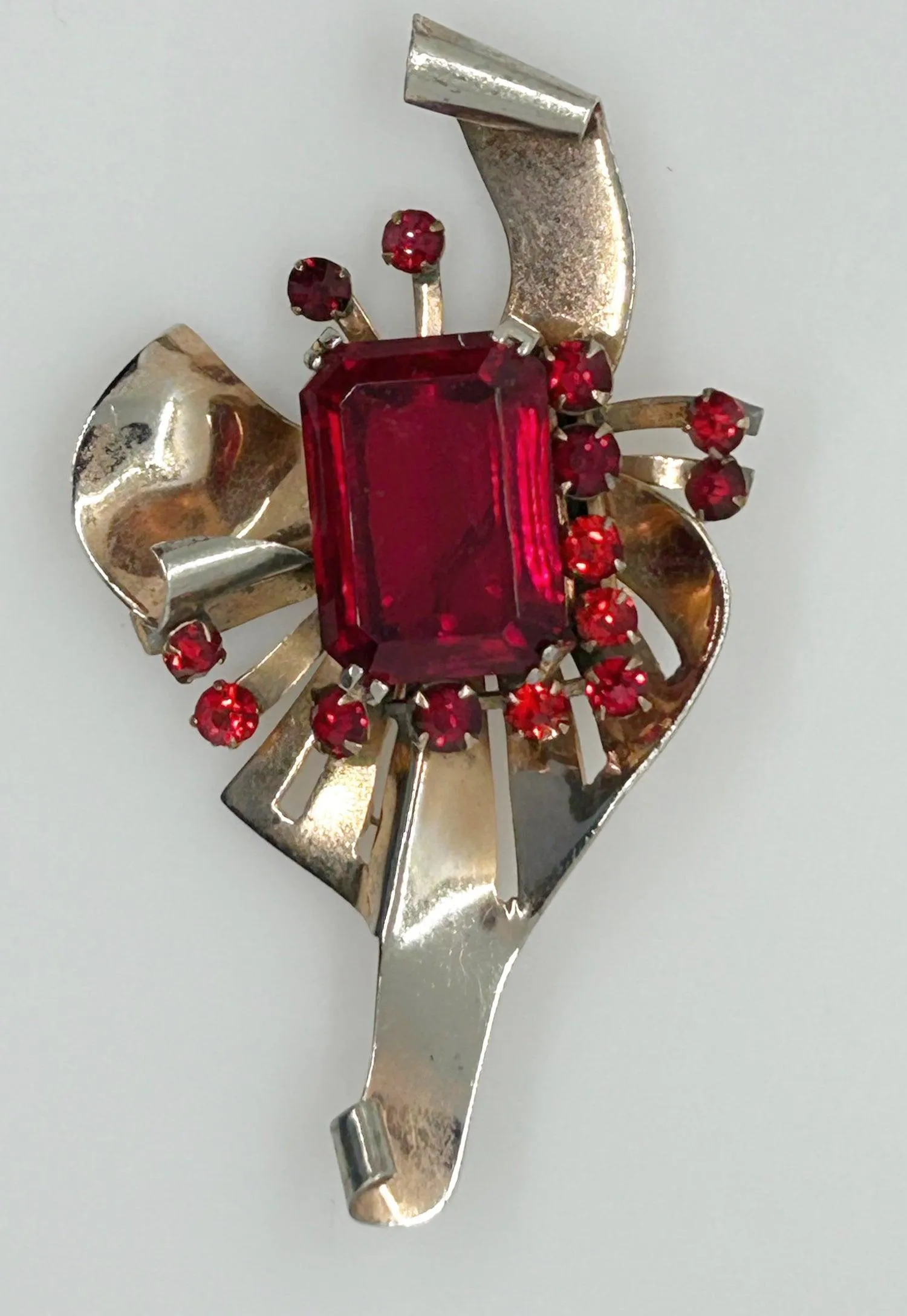 Mid Century Sterling Statement Brooch with Vivid Red Stones