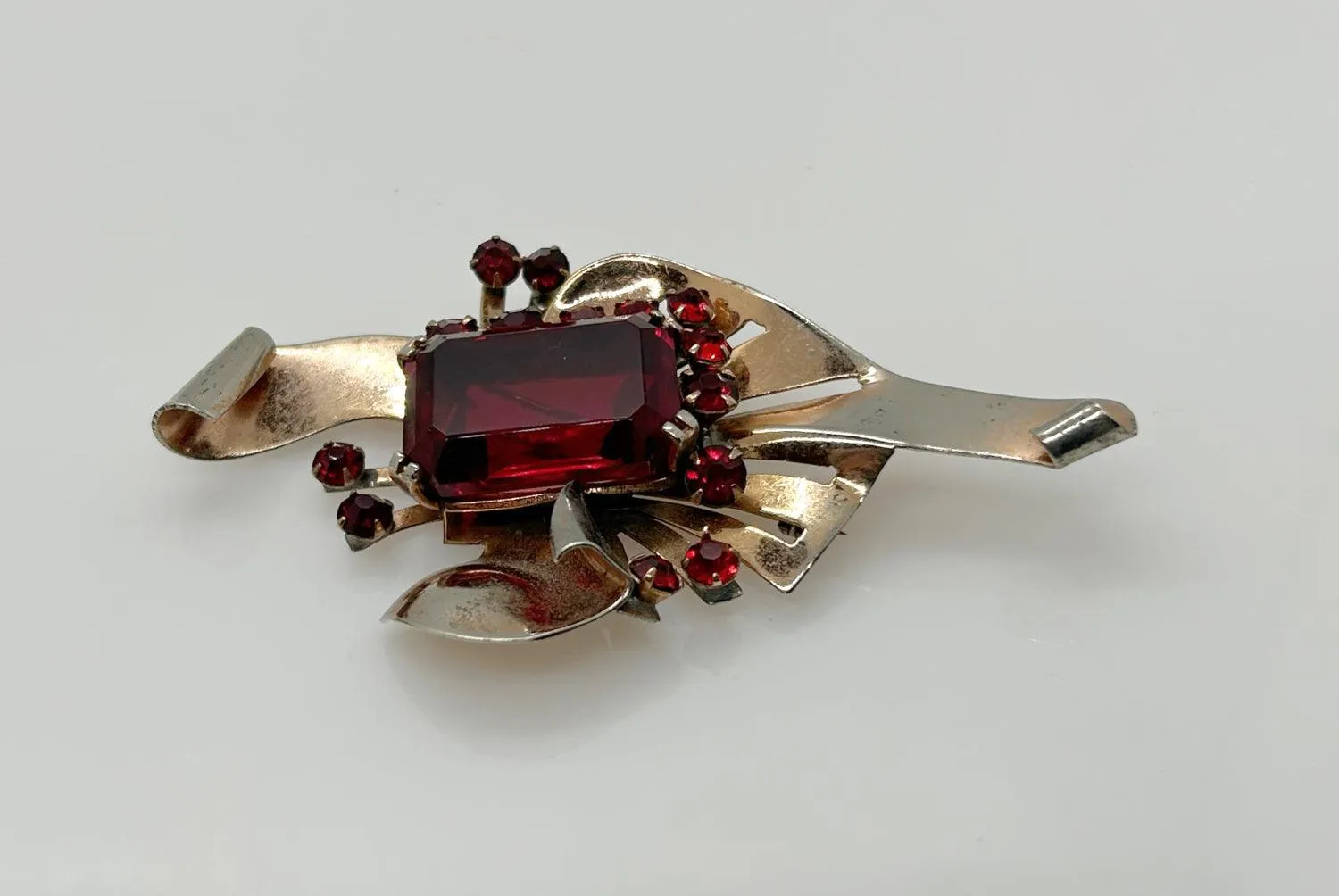 Mid Century Sterling Statement Brooch with Vivid Red Stones