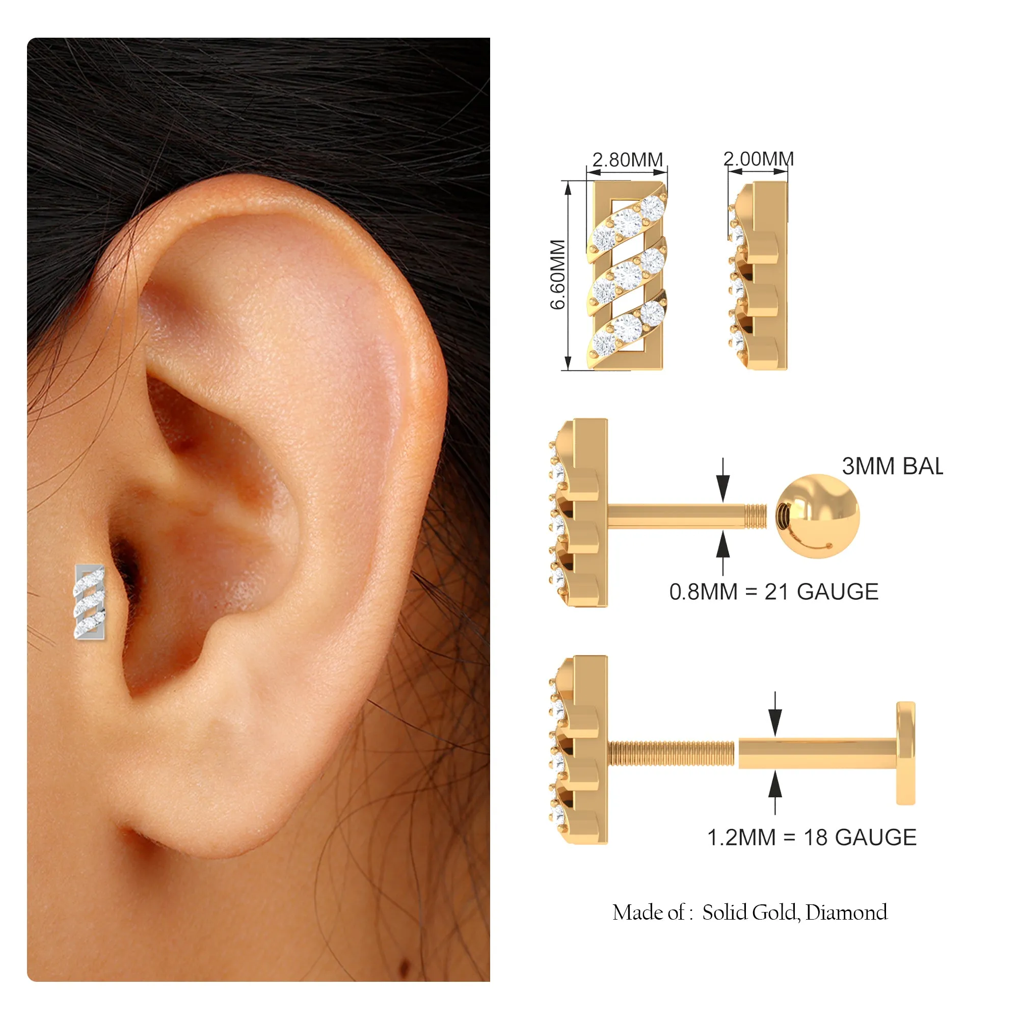 Minimalist Diamond Gold Bar Earring for Tragus Piercing