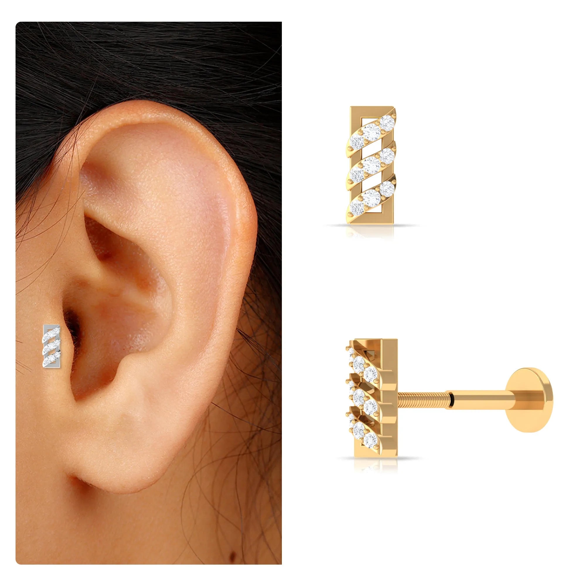 Minimalist Diamond Gold Bar Earring for Tragus Piercing