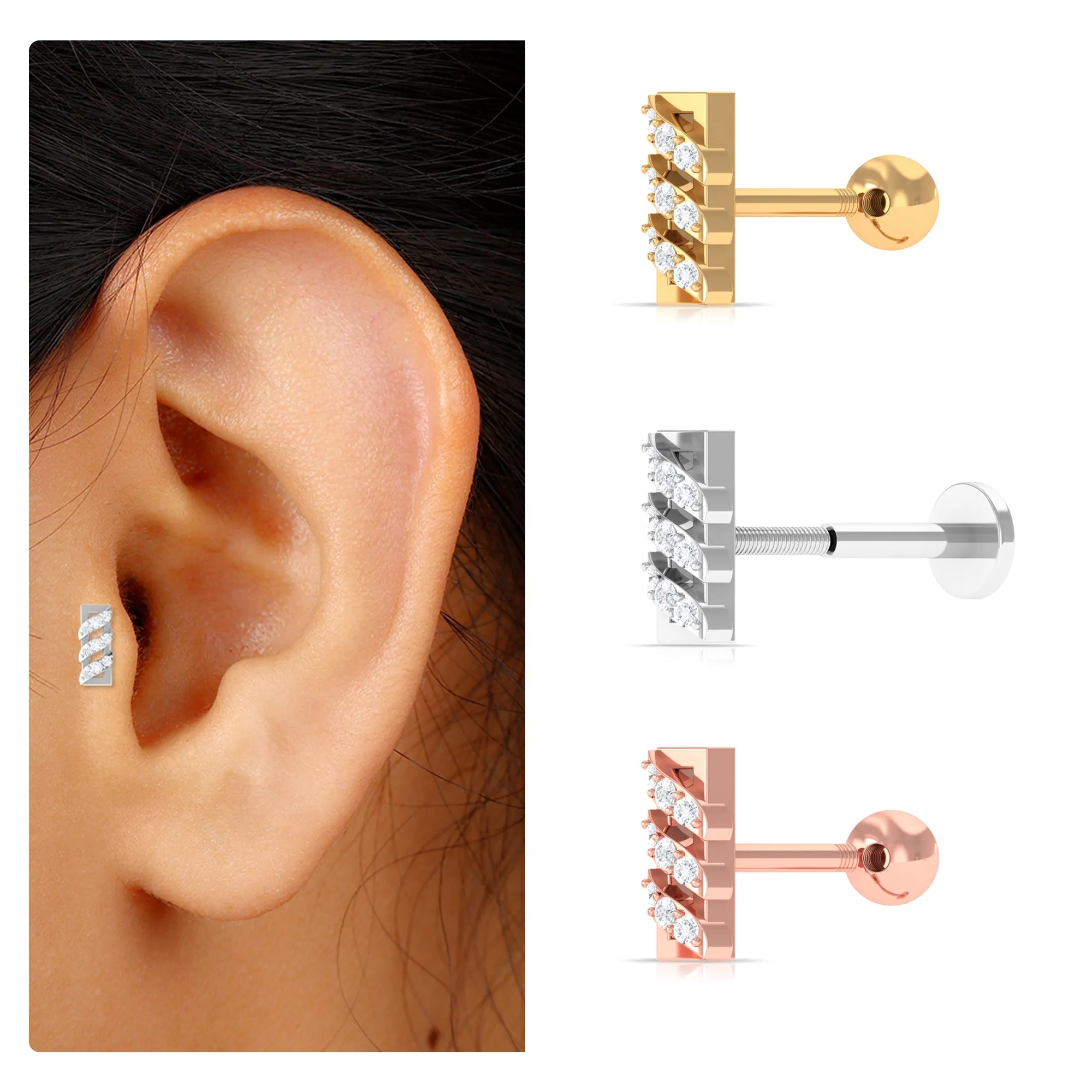 Minimalist Diamond Gold Bar Earring for Tragus Piercing