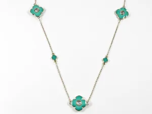 Modern Turquoise Floral Design Post Gold Tone Long Brass Necklace