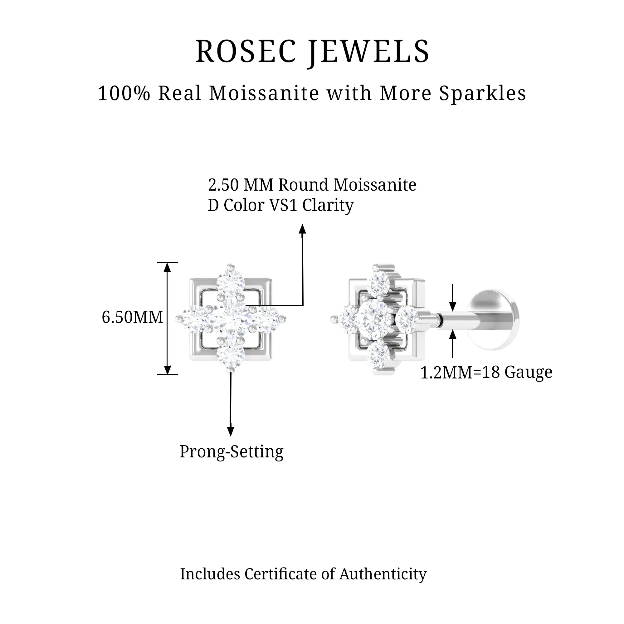 Moissanite Square Geometric Cartilage Earring in Gold