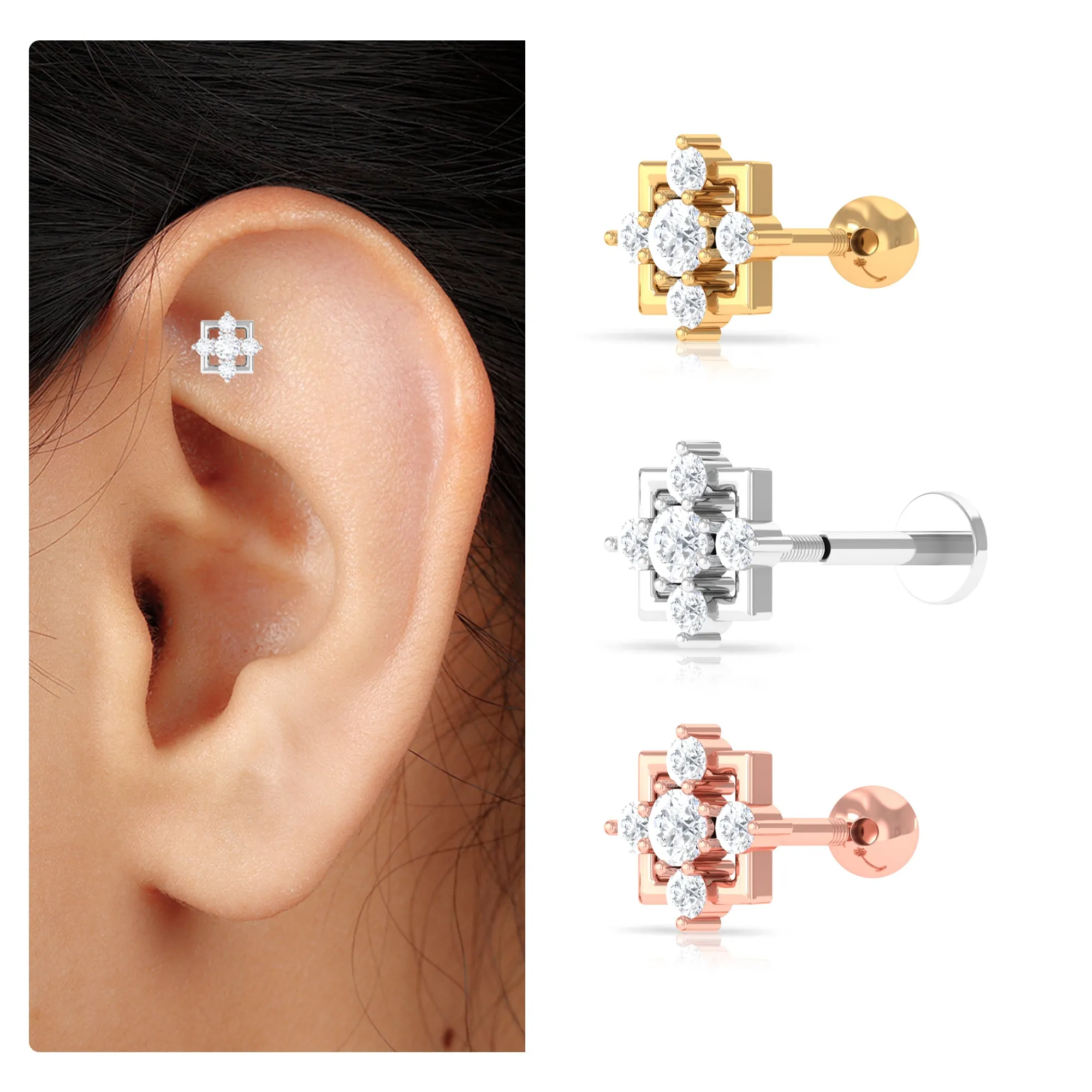 Moissanite Square Geometric Cartilage Earring in Gold