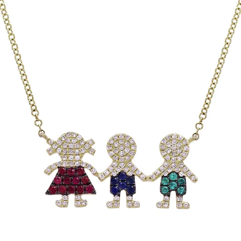 Multiple Kids Boy Girl Diamond and Gemstone Charm Necklace