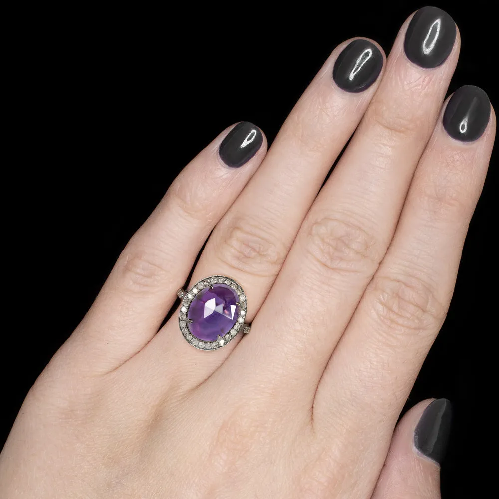 NATURAL AMETHYST DIAMOND COCKTAIL RING PURPLE OVAL SHAPE ROSE CUT HALO STATEMENT