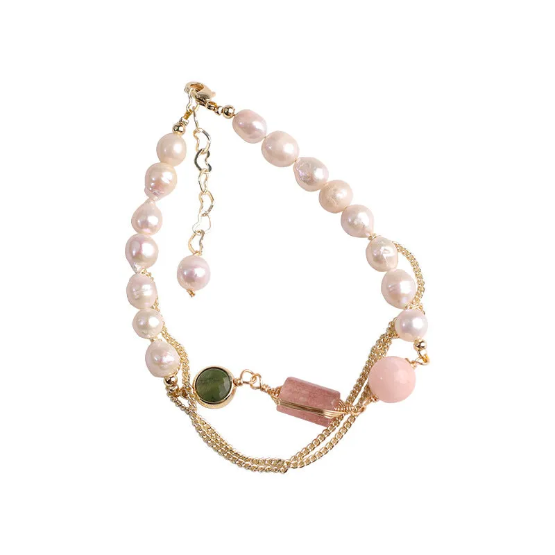 Natural Freshwater Pearl Strawberry Crystal Gemstone Bracelet