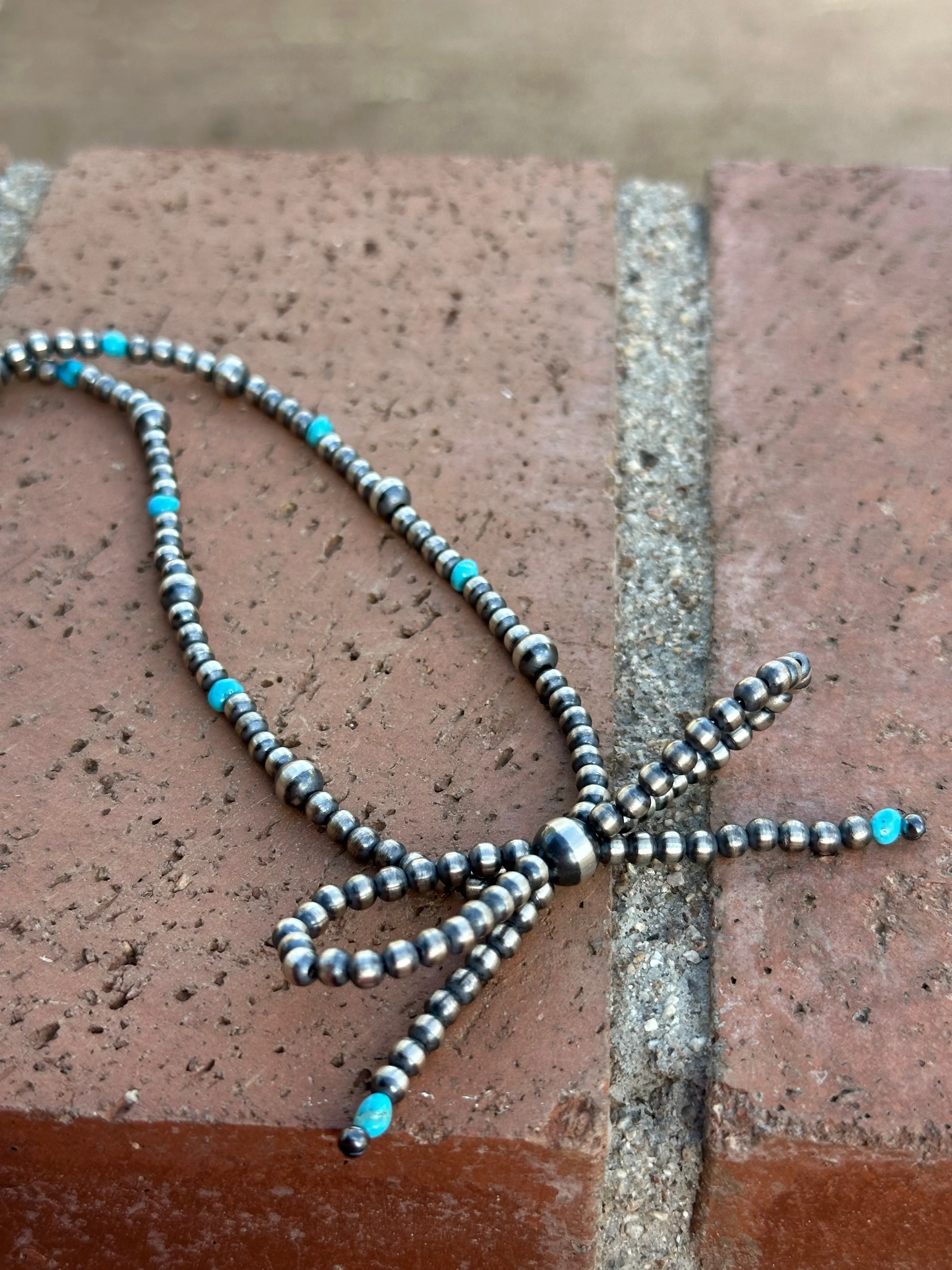 Navajo Made Sterling Silver & Turquoise  Pearl Beaded 4-6mm Bow Tie  Necklace 18 inches