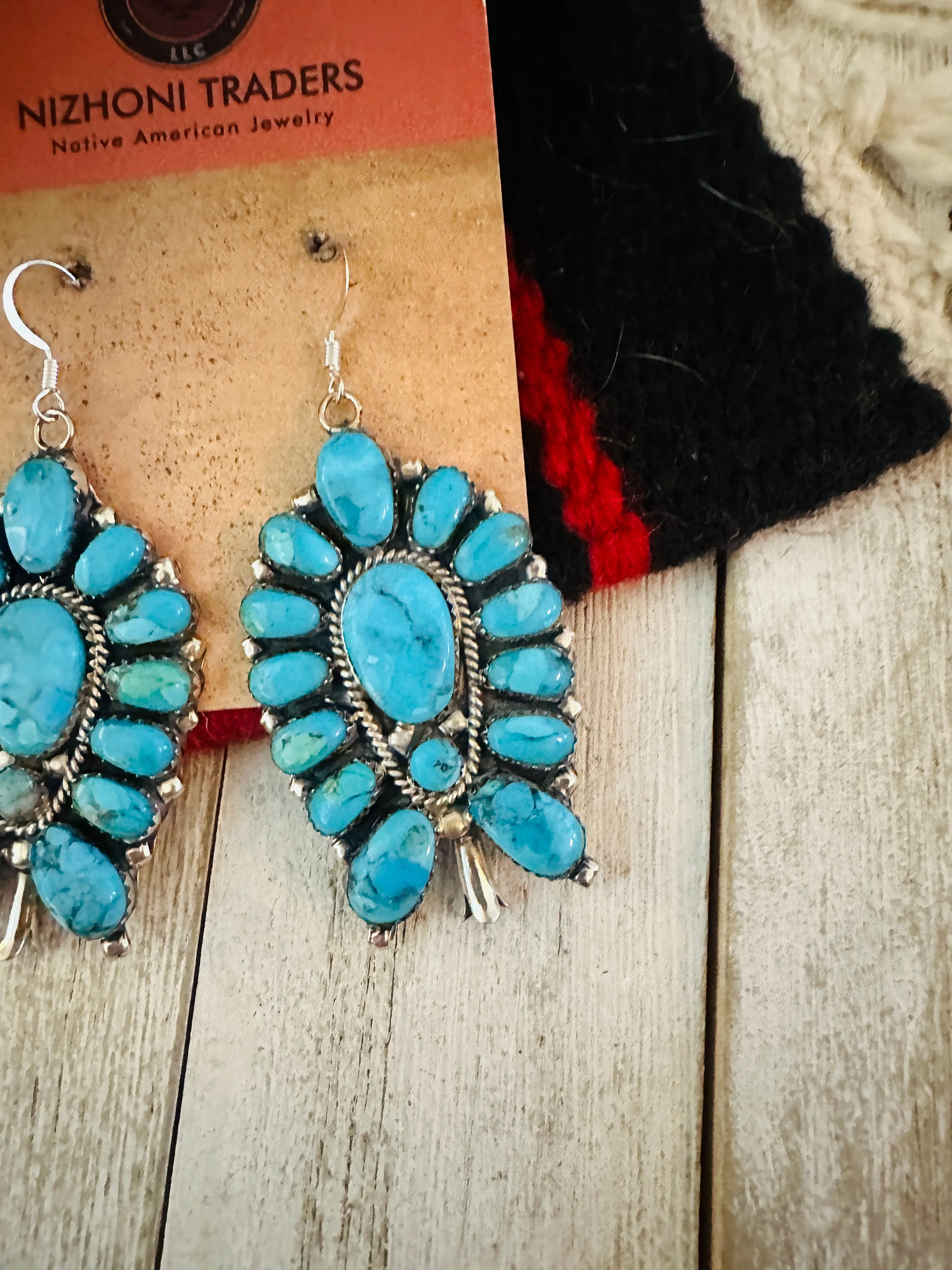 Navajo Turquoise & Sterling Silver Cluster Blossom Dangle Earrings