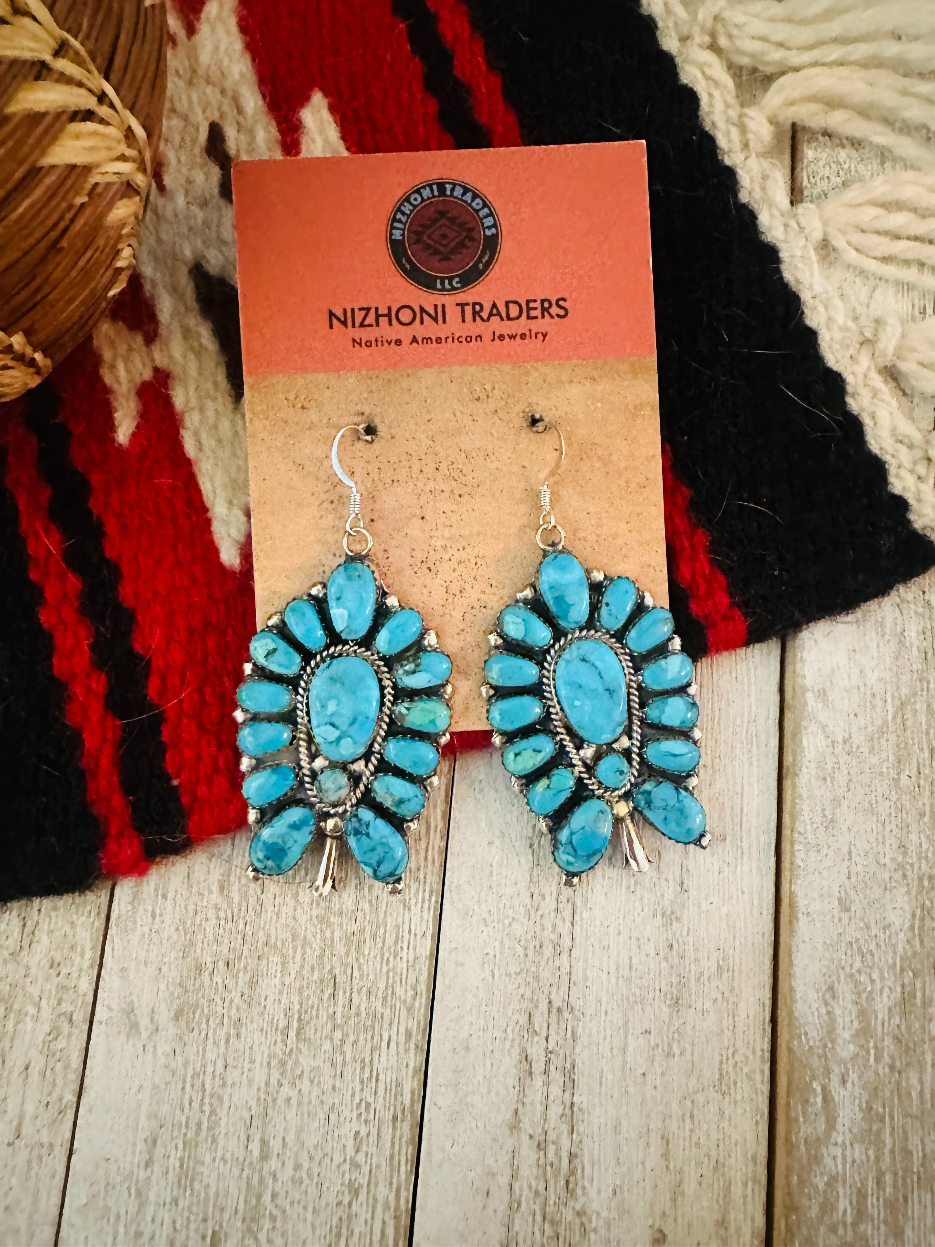 Navajo Turquoise & Sterling Silver Cluster Blossom Dangle Earrings