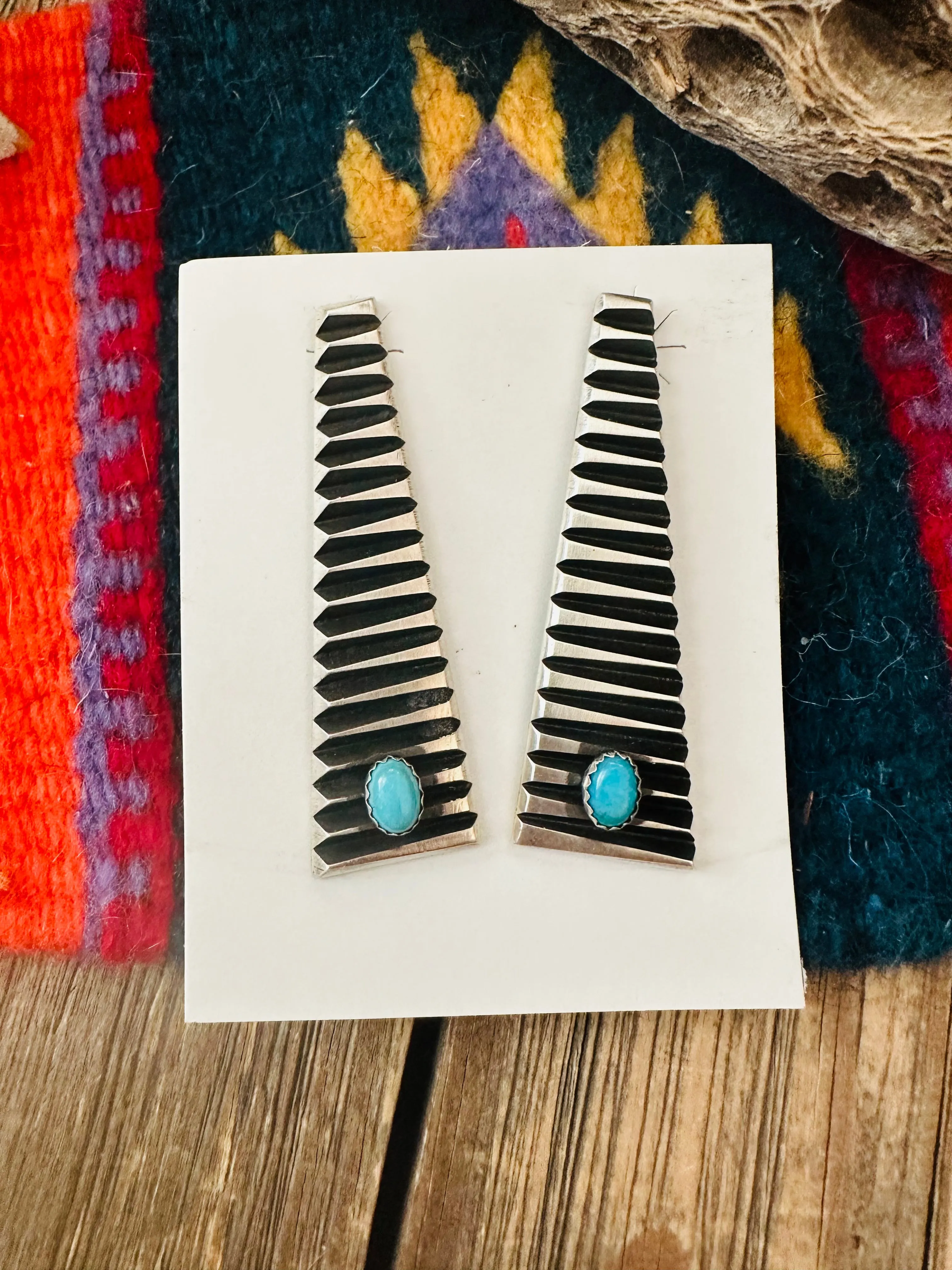 Navajo Turquoise & Sterling Silver Dangle Earrings By Leander Tahe