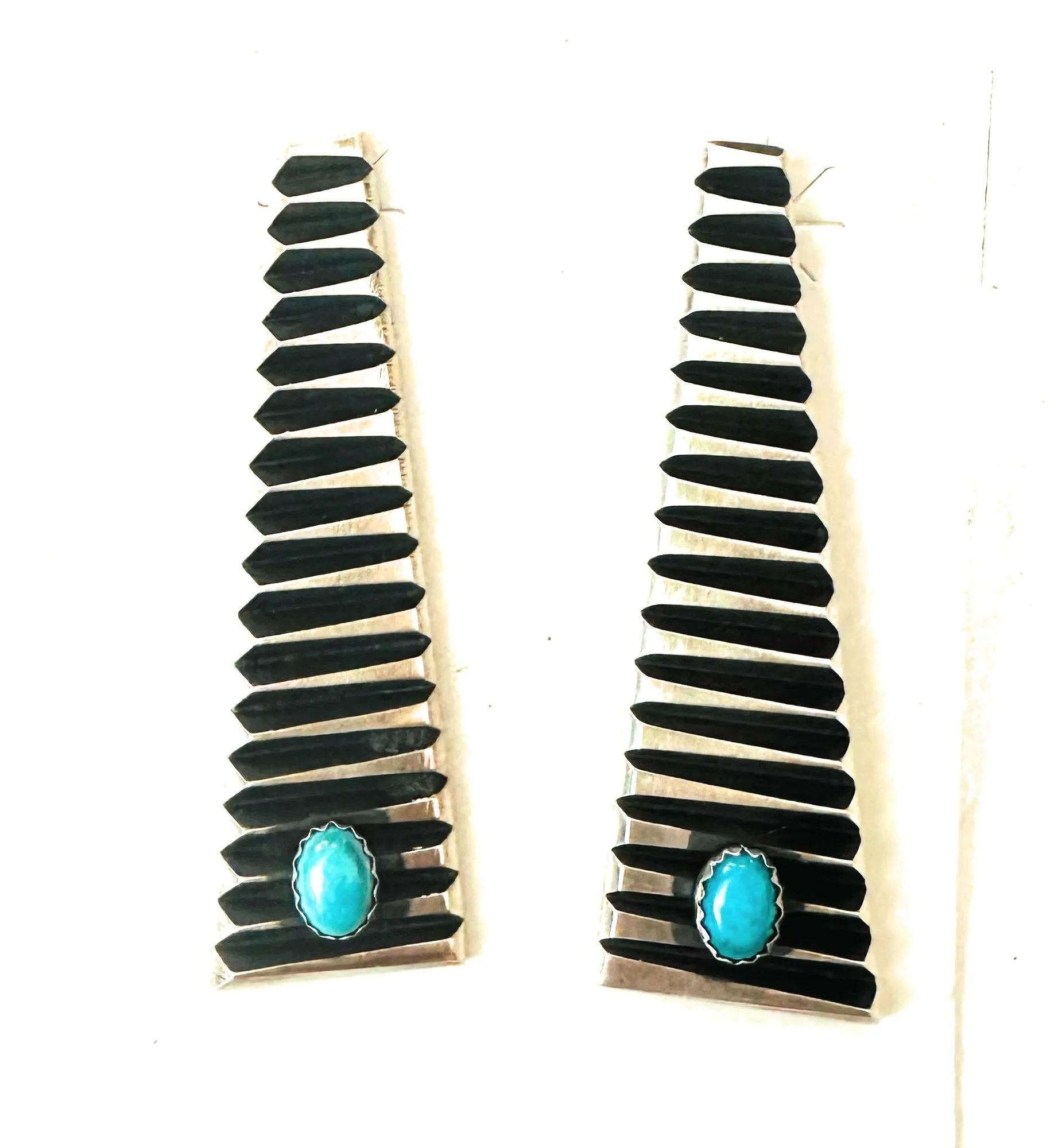 Navajo Turquoise & Sterling Silver Dangle Earrings By Leander Tahe