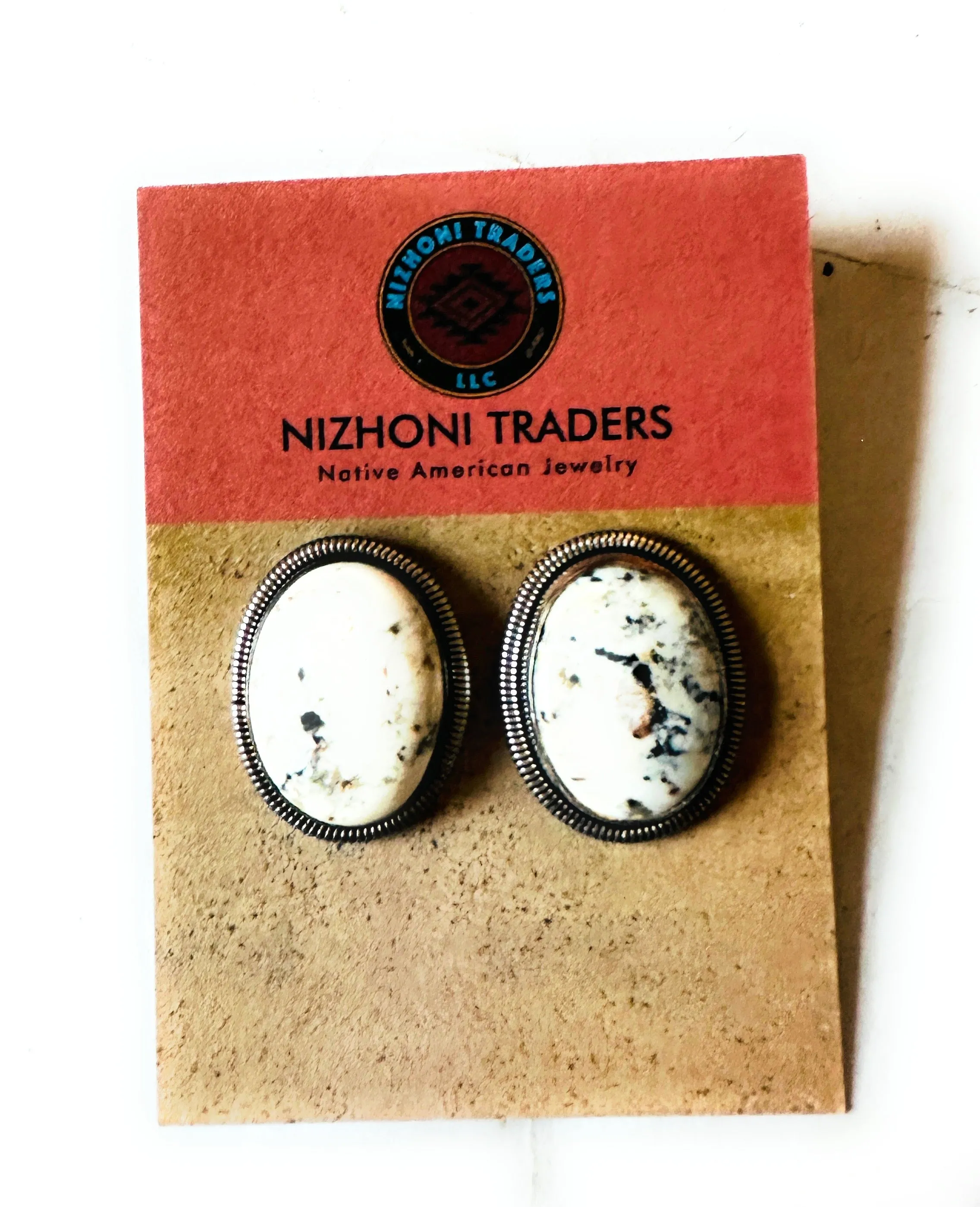 Navajo White Buffalo & Sterling Silver Post Earrings by Wydell Billie